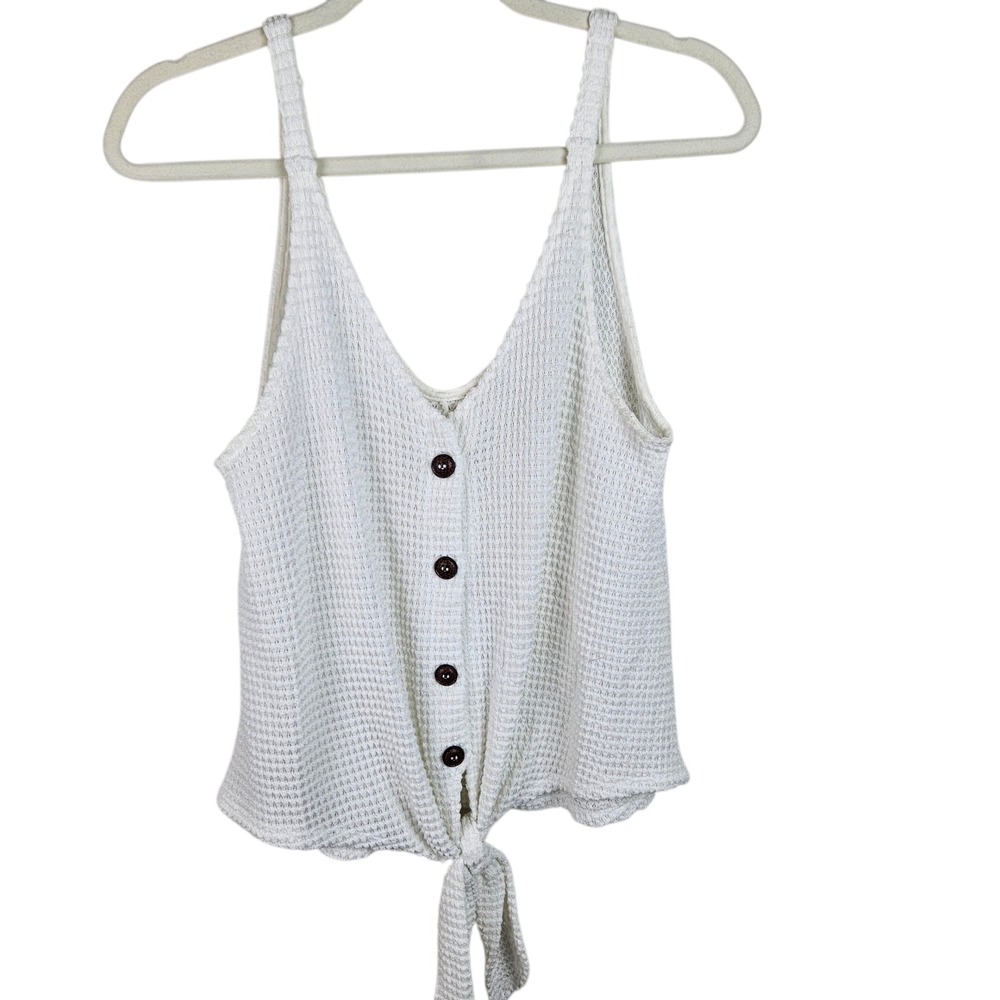 Blu Pepper Womens White Waffle Knit Button Tie Front Sleeveless Tank‎ Top